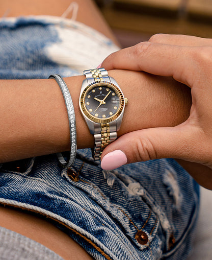 Bangle - Silver with stones -tone dial swiss watch