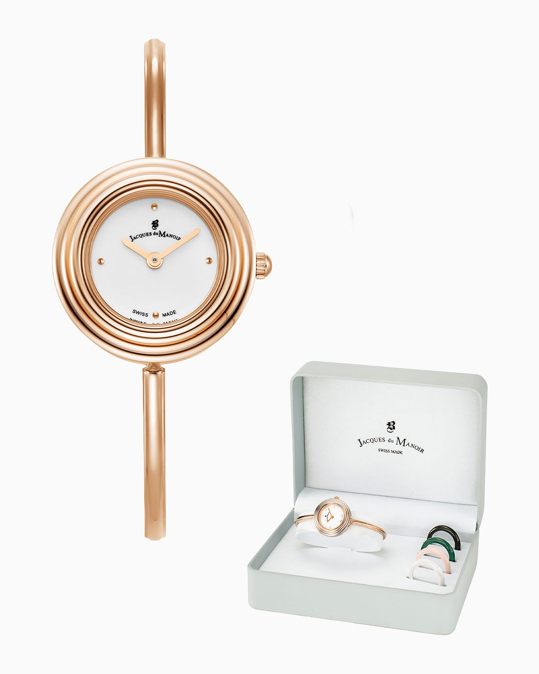 Aurora Ladies 26MM Two-Hands Rosegold-Tone White Dial Stainless Steel Swiss Watch and Topring Boxset