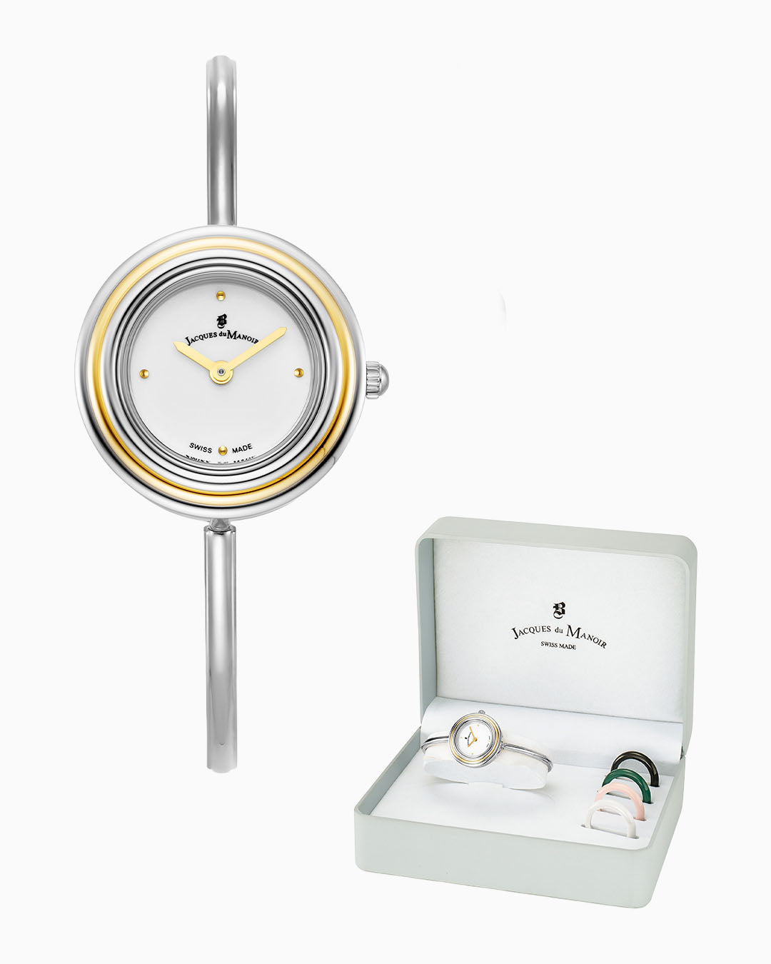 Aurora Ladies 26MM Two-Hands Silver-Tone White Dial Stainless Steel Swiss Watch and Topring Boxset